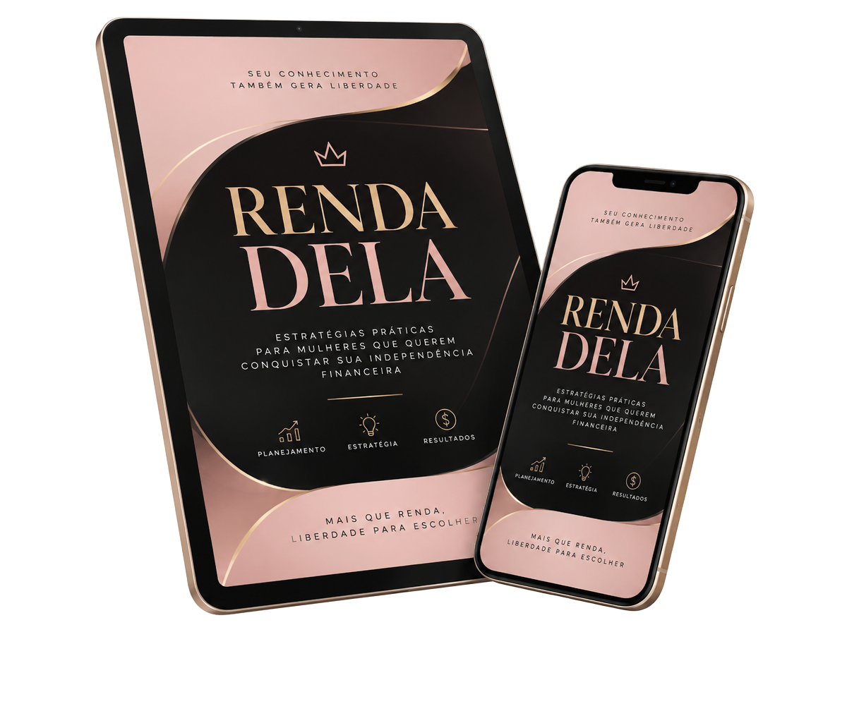 Mockup do e-book Renda Dela em tablet e celular